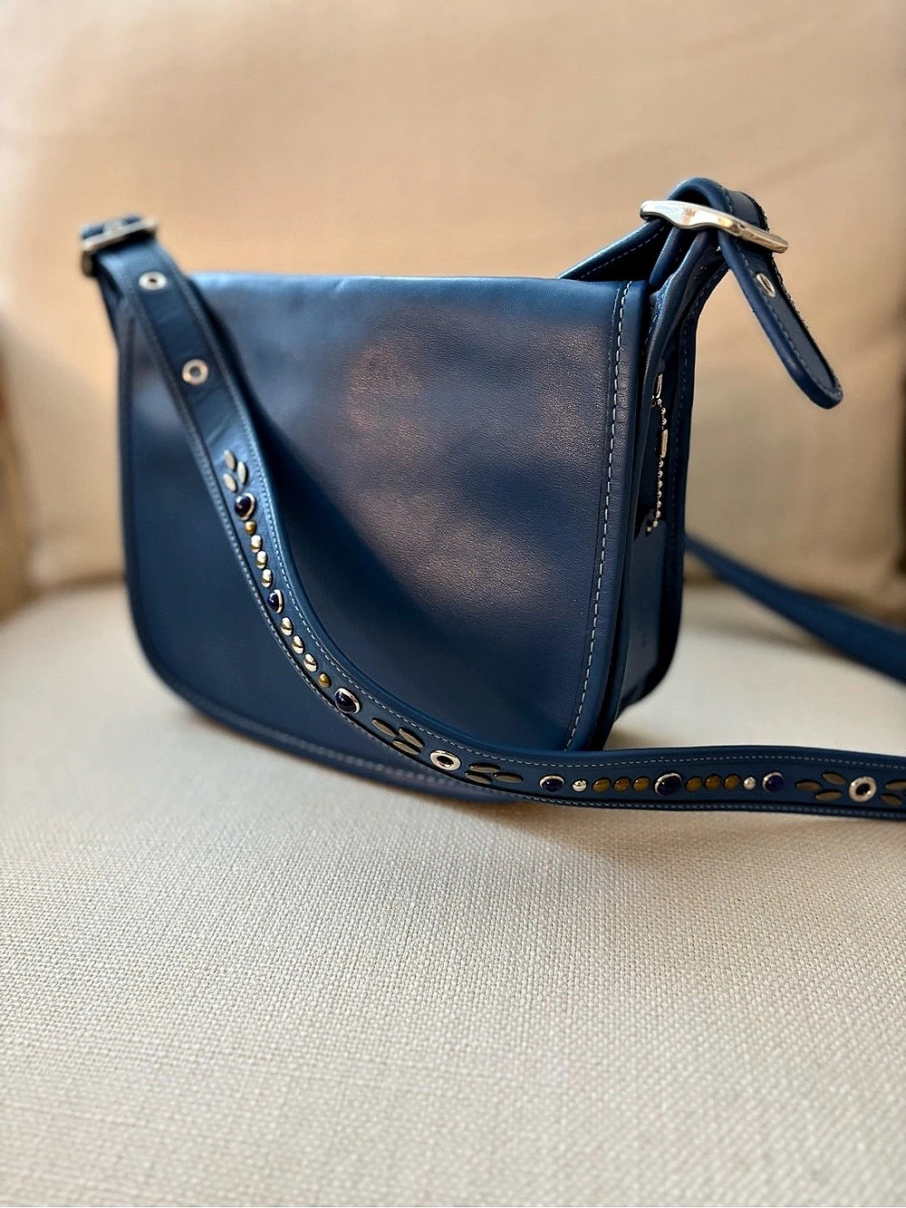 COACH Patricia Saddle Bag #F59380 Studded Strap Lapis Blue Natural Leather Purse